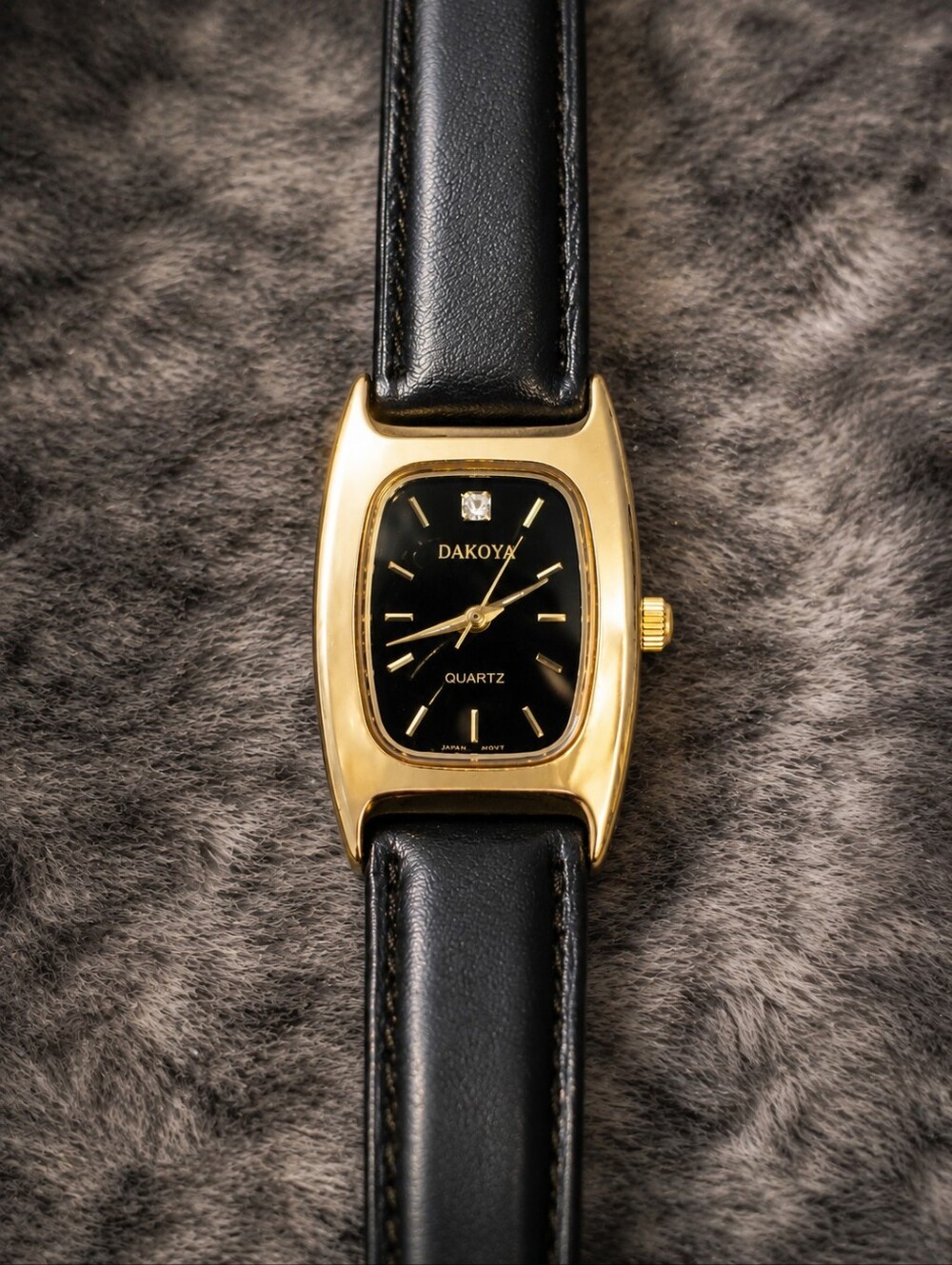 Vintage Dakota Genuine Diamond Watch Gold Tone Black Dial Leather Tank Y2K CC